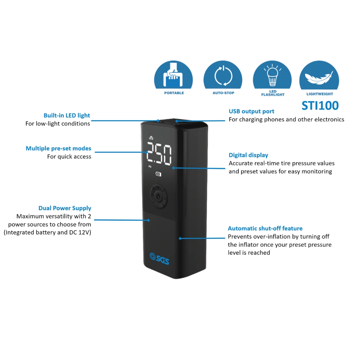 SGS Cordless Tyre Inflator Power Bank & LED Torch - 150PSI 4500mAh - Image 3